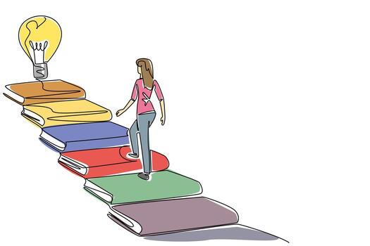 Continuous one line drawing a woman walks on stairs made of books and a lightbulb floating at the end. Stepping into genius. Idea. National Creativity Day. Single line draw design illustration vector