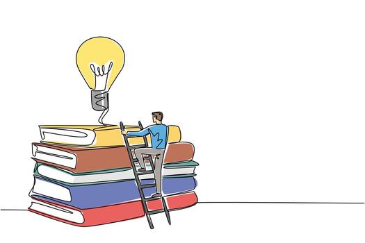 Single one line drawing a man climbs stack of thick books with lightbulb floats above. The long process of sharpening intelligence. National Creativity Day. Continuous line design graphic illustration vector