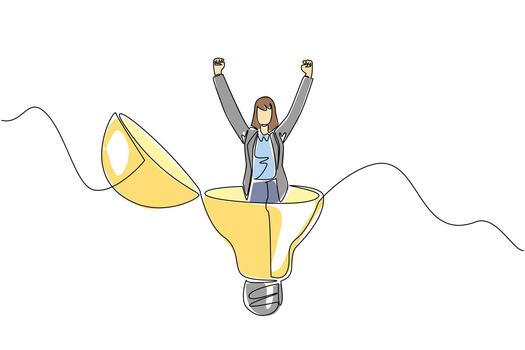 Continuous one line drawing a businesswoman stands in lightbulb with the top open raising hands. Get out of the erratic mind. Idea. National Creativity Day. Single line draw design illustration vector