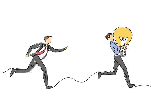 Single continuous line drawing a businessman chases a man running with lightbulb. Chasing down plagiarists. Illegal acts violate copyright. National Creativity Day. One line design illustration vector