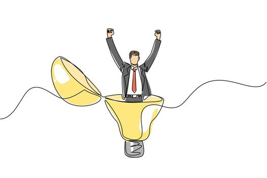 Single one line drawing businessman stands in lightbulb with top open raising hands. Getting out of comfort zone gives best idea. National Creativity Day. Continuous line design graphic illustration vector