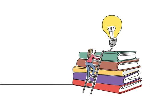 Single continuous line drawing a woman climbs a stack of thick books with a lightbulb floating above. High learning process. Study. Genius. National Creativity Day. One line design illustration vector