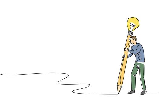 Single continuous line drawing a man writes using a large pencil with a light bulb at the end. Sharpening creative writing. Content writer. National Creativity Day. One line design illustration vector