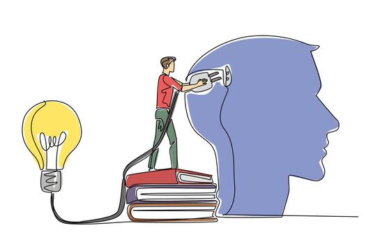 Single one line drawing a man stand on pile of thick books holds cable connected to big lightbulb. Sharpen memory by reading. Idea. National Creativity Day. Continuous line design graphic illustration vector