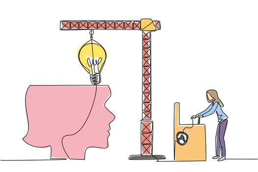 Continuous one line drawing a woman controls crane inserts lightbulb into big open silhouette of a head. Memory reconstruction. National Creativity Day. Single line draw design illustration vector