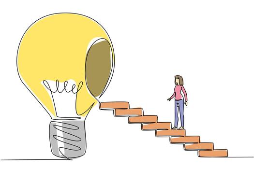 Single continuous line drawing woman walks up ladder towards big lightbulb with hole in center. Education increases the level of thinking. National Creativity Day. One line design illustration vector