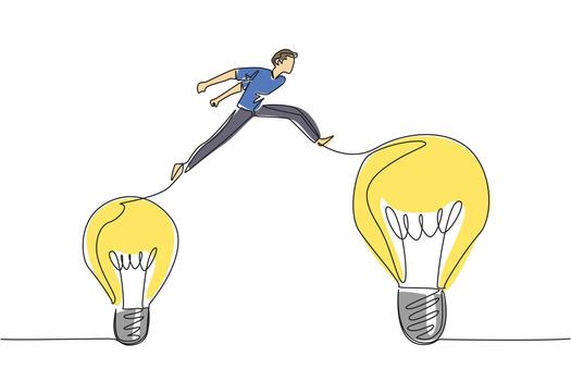 Single one line drawing a man jumps from a small lightbulb to a large light bulb. Moving freely is the result of positive thinking. National Creativity Day. Continuous line design graphic illustration vector