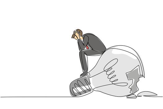 Single continuous line drawing a businessman sits on a broken lightbulb with both hands holds head. Ideas that failed to be implemented. National Creativity Day. One line design illustration vector