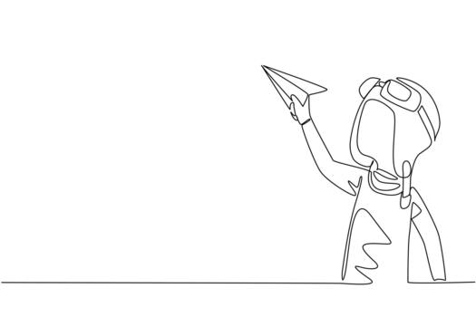 continuo uno línea dibujo chico vistiendo piloto casco y participación papel avión. ambicioso piloto volador su primero juguete avión. nacional papel avión día. soltero línea dibujar diseño vector