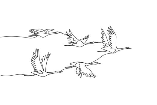 Single continuous line drawing a group of whooping cranes in flight with their wings in various positions. Formation during migration. Together. Whooping Crane Day. One line design vector