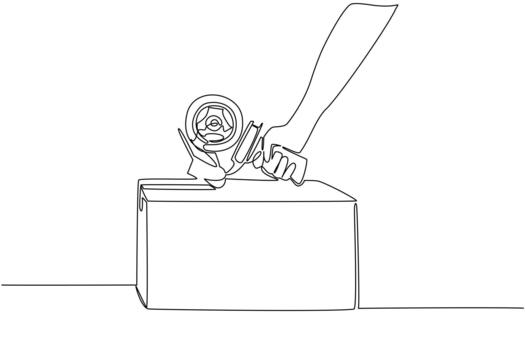 Continuous one line drawing hand is isolating a cardboard box using an insulating tool. Tools that make things easier. Gluing. National Cellophane Tape. Single line draw illustration vector