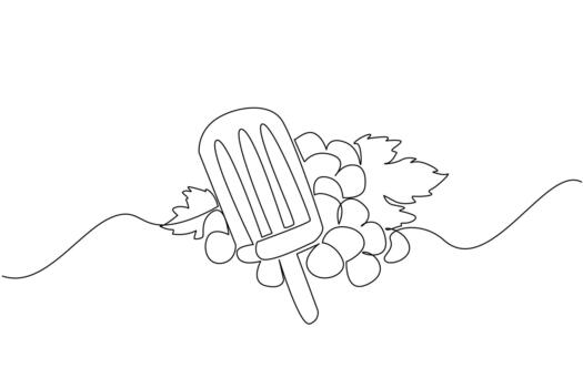 Single one line drawing grape popsicles with grapes on the back. The main ingredients for making refreshing popsicles in summer. Cold. Grape Popsicle Day. Continuous line design illustration vector