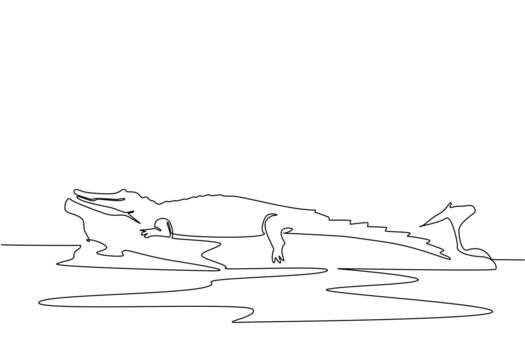 Single continuous line drawing alligator on the surface of fallen tree trunk. Coming to the surface after soaking in water. Acclimatization. National Alligator Day. One line illustration vector