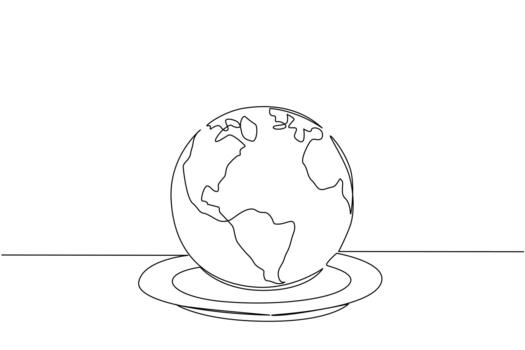 Continuous one line drawing globe on the surface of plate. Lack of attention to recurring food problems. Malnutrition in some countries. World Hunger Day. Single line draw illustration vector