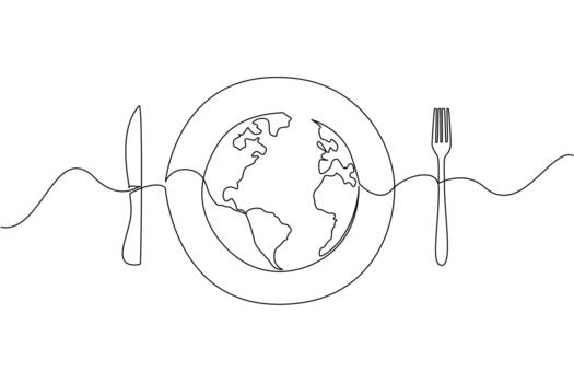 Single continuous line drawing a plate with a globe in the middle with knife and fork on the right and left. Annual problem that keeps happening. World Hunger Day. One line illustration vector