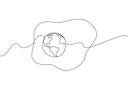 Continuous one line drawing fried egg with yolk made into globe. Good protein content in eggs. Good nutrition but not evenly distributed. World Hunger Day. Single line draw illustration vector