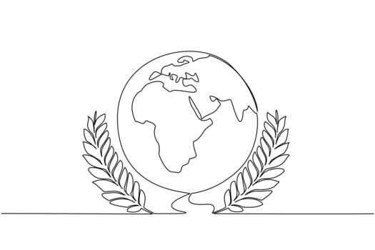 Single one line drawing globe with two wheat stalks on the right and left. Symbol of uneven food distribution around the world. Awareness. World Hunger Day. Continuous line design illustration vector