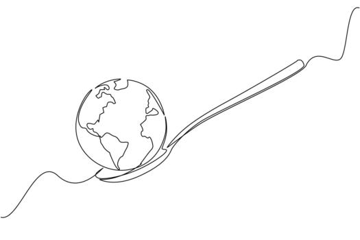 Continuous one line drawing a spoon with a globe on the end. Supporting the formation of a more serious world food agency. Rise awareness. World Hunger Day. Single line draw illustration vector
