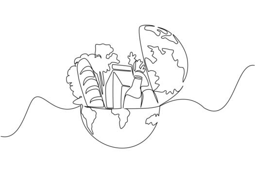 Single one line drawing half round globe with open top with French bread, glass bottle of milk, vegetables. Lack of nutritional equity. World Hunger Day. Continuous line design illustration vector