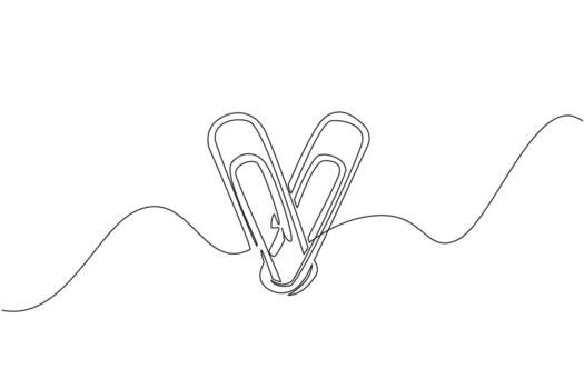Single continuous line drawing paper clip shaped into a heart. Office needs when want to stick paper without glue. Does not damage paper. National Paperclip Day. One line design vector