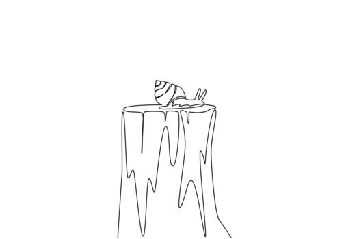 Single one line drawing the snail walking on a cut tree trunk. Surviving massive illegal logging. Losing habitat. Adapting to moving. National Snail Day. Continuous line design illustration vector