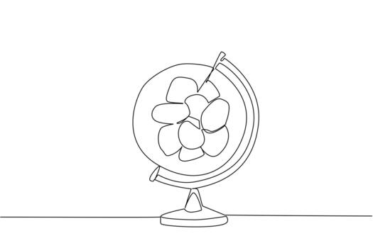 Single one line drawing a globe with a pile of potatoes in the middle. Symbolism of potato cultivation in the world. Tasty. International Day of the Potato. Continuous line design illustration vector