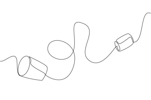 Single continuous line drawing tin can telephone. Old school technology. 2 way chat from tin can and string. Simple communication. Without electricity. Loomis Day. One line illustration vector