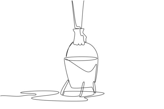 Single continuous line drawing hand holds bucket with hole with water coming out of hole. Leaks from inside are difficult to repair. National Hole In My Bucket Day. One line illustration vector