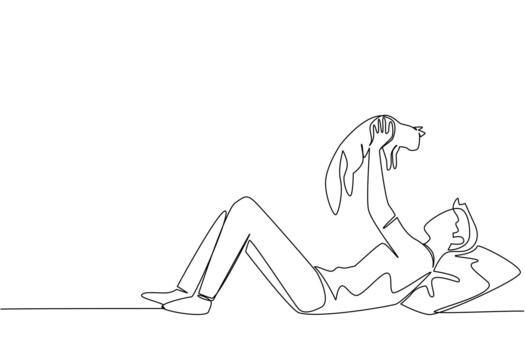 Single continuous line drawing a man in casual clothes lying down lifting and hugging a cat. Adorable game with pet cat. Cheerful. International Hug Your Cat Day. One line illustration vector