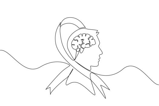 Continuous one line drawing campaign ribbon wraps around silhouette of head with brain inside the head. Suffering is ongoing. World Multiple Sclerosis Day. Single line draw illustration vector