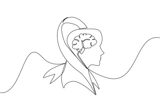Single continuous line drawing campaign ribbon wraps around silhouette of head with brain inside head. Currently undergoing treatment. World Multiple Sclerosis Day. One line illustration vector