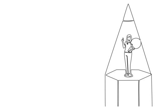 continuo uno línea dibujo un mujer llevar un bombilla con gesto en medio de el propina de lápiz. soluciones a adaptar. innovar. nacional creatividad día. soltero línea dibujar ilustración vector