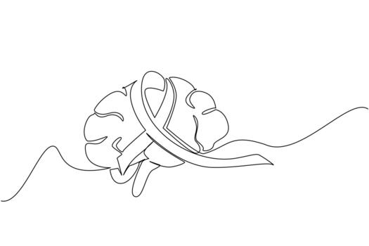 Continuous one line drawing brain with ribbon in the middle. A disease that is very difficult to predict. Paralyze the brain. World Multiple Sclerosis Day. Single line draw illustration vector