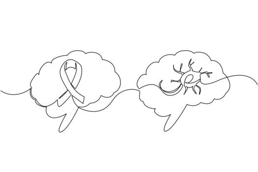 Single one line drawing multiple sclerosis nerves in left brain and campaign ribbons in right brain. Cerebral palsy. Disease. World Multiple Sclerosis Day. Continuous line design illustration vector
