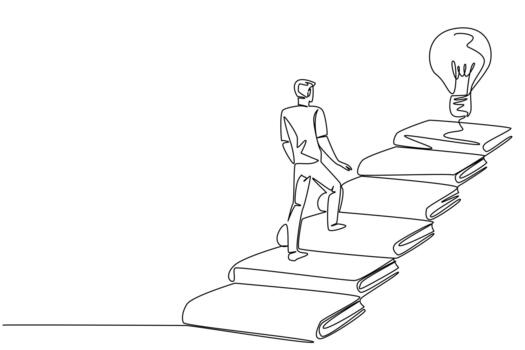Single one line drawing a man walks on stairs made of books and a floating light bulb. Reading to find the best solution. Idea. National Creativity Day. Continuous line design illustration vector
