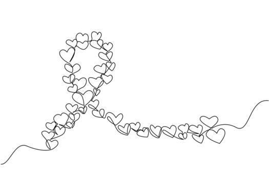 Single continuous line drawing large campaign ribbon formed from collection of small hearts of varying sizes. Caring ribbon. Symbol. World Multiple Sclerosis Day. One line illustration vector