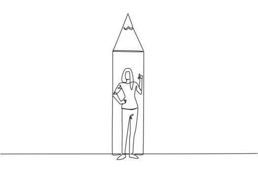 Single one line drawing a woman standing in front of bottom end of pencil with a gesture. Binding the best ideas through writing. National Creativity Day. Continuous line design illustration vector