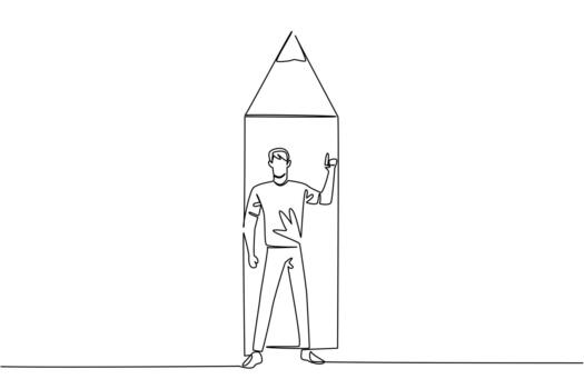 soltero continuo línea dibujo un hombre en pie en frente de el fondo final de un lápiz con un gesto. escritura soluciones es el Derecha forma. nacional creatividad día. uno línea ilustración vector
