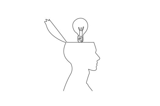 Single continuous line drawing the top of the head is open and there is light bulb above. Putting out very rational ideas. Solve problem. National Creativity Day. One line illustration vector