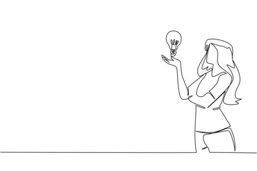 soltero uno línea dibujo un mujer levanta y abre palma con bombilla flotante encima palmera. considerando el mejor solución. genio. nacional creatividad día. continuo línea diseño ilustración vector