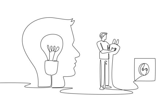 Continuous one line drawing a man stands in front of silhouette of head holds cable and plugs into socket. Strengthen memory. National Creativity Day. Single line draw illustration vector