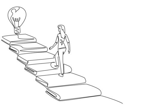 Continuous one line drawing a woman walks on stairs made of books and a lightbulb floating at the end. Stepping into genius. Idea. National Creativity Day. Single line draw illustration vector