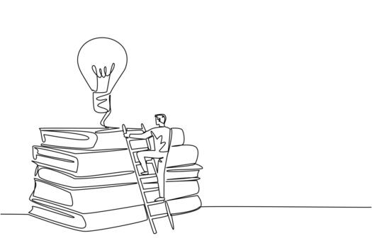 Single one line drawing a man climbs stack of thick books with lightbulb floats above. The long process of sharpening intelligence. National Creativity Day. Continuous line design illustration vector