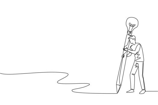 Single continuous line drawing a man writes using a large pencil with a light bulb at the end. Sharpening creative writing. Content writer. National Creativity Day. One line illustration vector