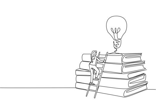 Single continuous line drawing a woman climbs a stack of thick books with a lightbulb floating above. High learning process. Study. Genius. National Creativity Day. One line illustration vector
