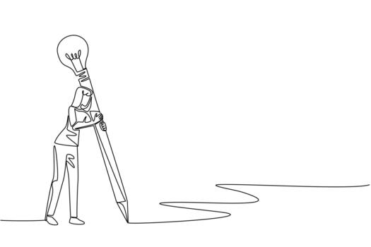 Single one line drawing a woman writes using a big pencil with a lightbulb at the end. Continuous practice to become more creative. National Creativity Day. Continuous line design illustration vector