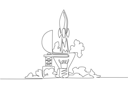 Continuous one line drawing rocket fly from inside lightbulb with the top open. The result of genius thinking. New opportunities. National Creativity Day. Single line draw design vector