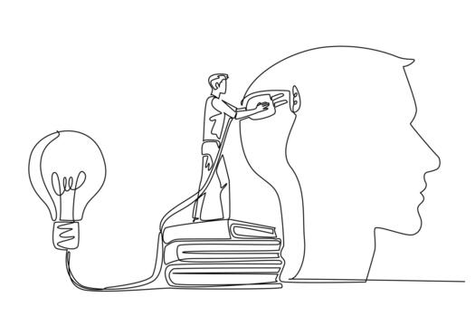 Single one line drawing a man stand on pile of thick books holds cable connected to big lightbulb. Sharpen memory by reading. Idea. National Creativity Day. Continuous line design illustration vector