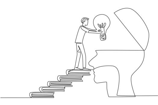 Single one line drawing a man walks carry a big lightbulb towards a silhouette of a head with an open top. Useful creative memory. National Creativity Day. Continuous line design illustration vector