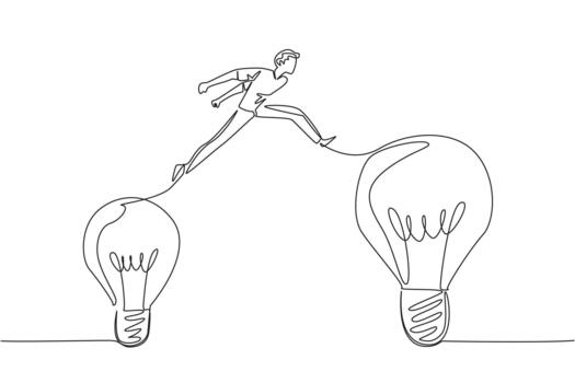 Single one line drawing a man jumps from a small lightbulb to a large light bulb. Moving freely is the result of positive thinking. National Creativity Day. Continuous line design illustration vector